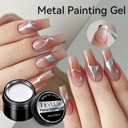 Nail Art Painting Gel Metal Effect 0.24oz with Brush Soak Off UV LED Mirror Metallic Silver Line Drawing Gel Polish for Flower Nail Art DIY Home Salon Manicure