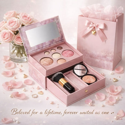 Baked Makeup Palette Set 3pcs - 7-Color Face Powder Blush Eyeshadow Trio & Concealer Brush - Portable Travel Compact for Flawless Finish - Valentine's Day Gift Set for Women All Skin Tones