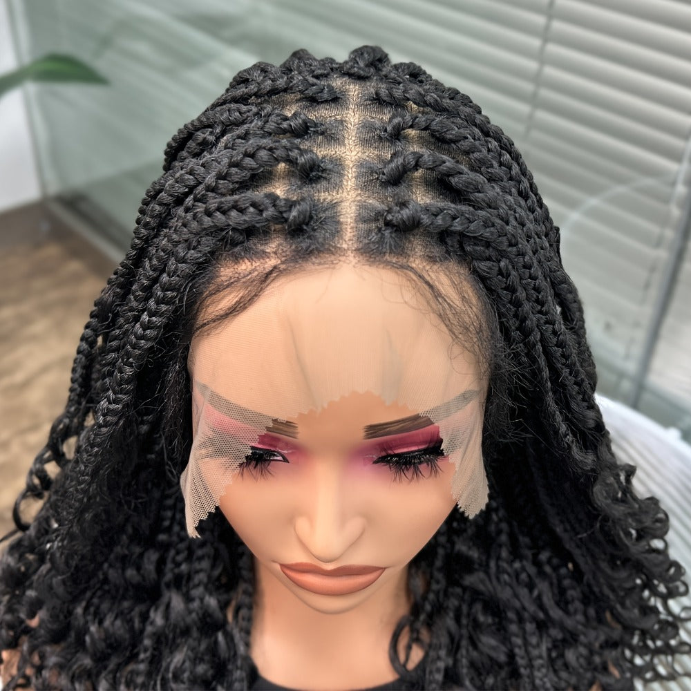 Goddess Braided Wig Knotless Bohemian Square Braid Full Lace Curly Wave Synthetic Wig Women 14-16 Inch Black Burgundy Brown Natural Hairline Protective Style
