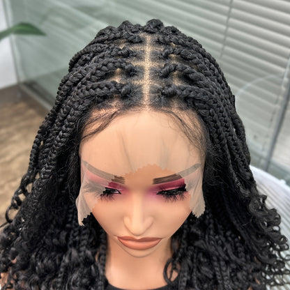 Goddess Braided Wig Knotless Bohemian Square Braid Full Lace Curly Wave Synthetic Wig Women 14-16 Inch Black Burgundy Brown Natural Hairline Protective Style