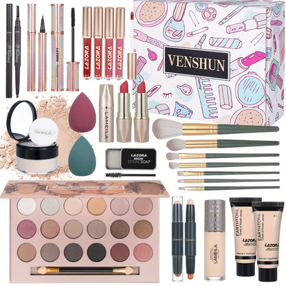 18-Color Eyeshadow Makeup Gift Set for Women - Foundation + Eyeshadow Palette + Coral Lipstick + Eyebrow Pencil, Full Face Starter Kit, Holiday & Birthday Gift for Girls & Teens