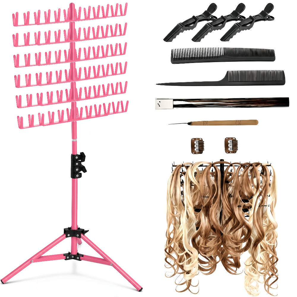 Braiding Hair Rack Standing Hair Extension Holder Hanger Height Adjustable Foldable 144 Strands Organizer for Knotless Box Braids Cornrows Hairstylists