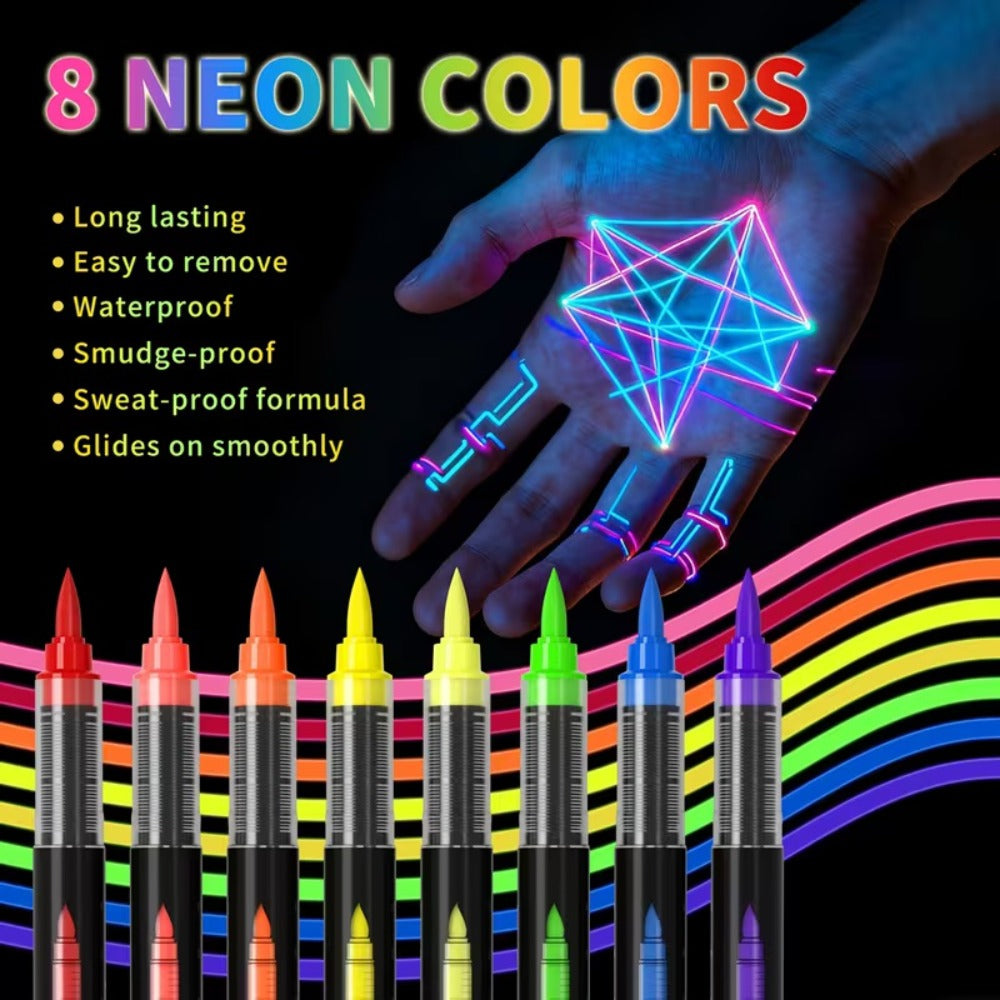 Face Body Paint Pen Set 8 Colors with 105 Tattoo Stencils - Glow in the Dark Neon Face Paint Easy Apply for Party Halloween Festival Stage Body Art