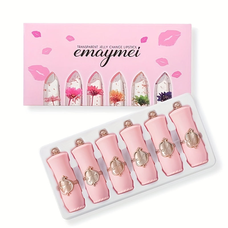 [Hydrating Jelly Lipstick] Emaymei 6pcs Thermal Color-Changing Lip Balm Set - Hydrating Jelly Lipstick with Dried Flower Extract, Sheer Moisturizing & Clear Gloss (Temperature-change)