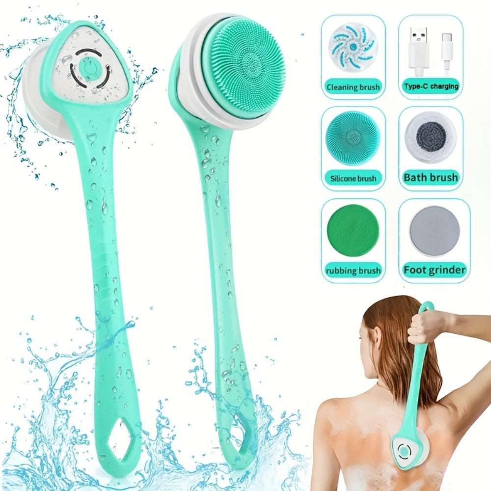 Electric Body Scrubber 6-in-1 Rechargeable Shower Brush - Vibrating Back Scrubber with Long Handle & Exfoliating Brush Heads for Deep Cleansing, Spa Gift for Women