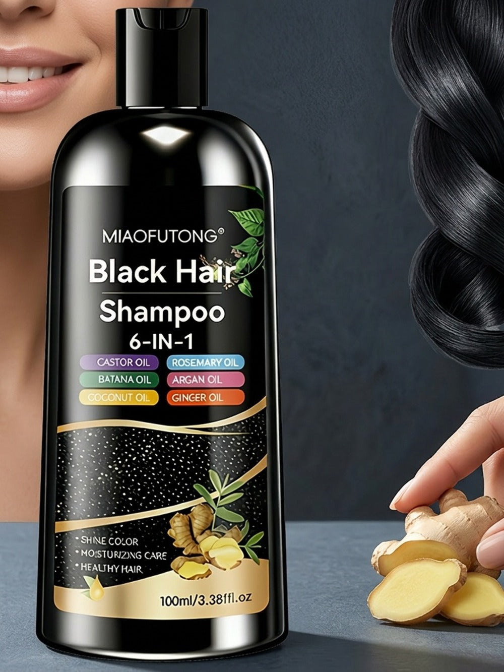 Black Hair Dye Shampoo 6-in-1 Gray Coverage - Castor, Batana, Coconut, Rosemary & Ginger Oil Formula, Instant Color, Glossy & Voluminous, Unisex, All Hair Types