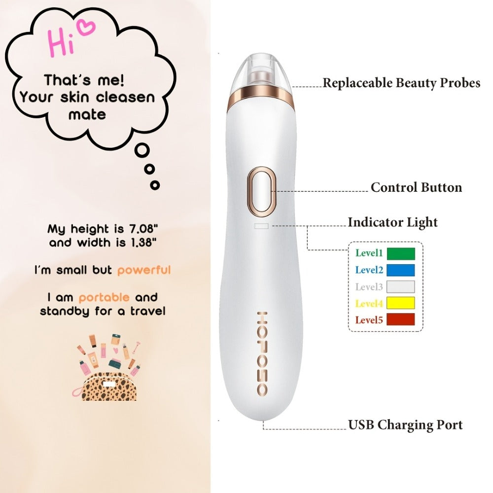 Blackhead Remover Vacuum, Pore Cleaner with 5 Adjustable Suction Power Levels and 4 Different Probes, Rechargeable and Portable, Ideal Gift for Men and Women