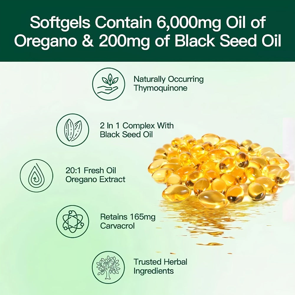 1-3P Bottle of Oregano Oil Softgels - Wild Oregano Oil 6000, Black Seed Oil 200 Capsules, 120 Capsules, Containing Carvacrol And Thymol, Dairy-Free, Gluten-Free