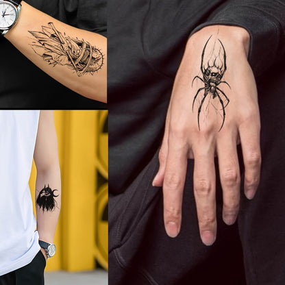 Temporary Tattoos for Men Women 48pcs Realistic Fake Tattoo Stickers Skull Snake Black Body Arm Designs Long Lasting Waterproof Non-Toxic GLARYYEARS 12 Large 36 Small