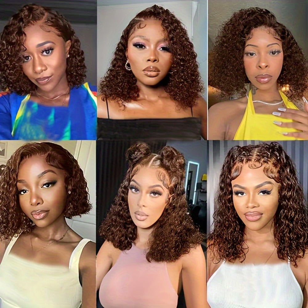 Human Hair Bob Wig Curly 4x4 HD Lace Closure — Reddish Brown #33 Pre-Plucked Glueless Brazilian Short Bob with Baby Hair, 20 Inch Red Brown Color Wig for Women