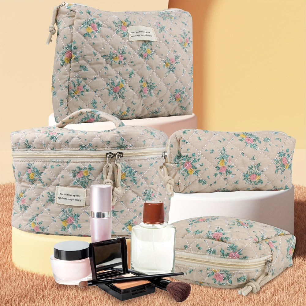 Cute Makeup Bag for Women (4 Pcs), Travel Cosmetic Bags, Quilted Coquette Aesthetic Floral Toiletry Organizer Bag