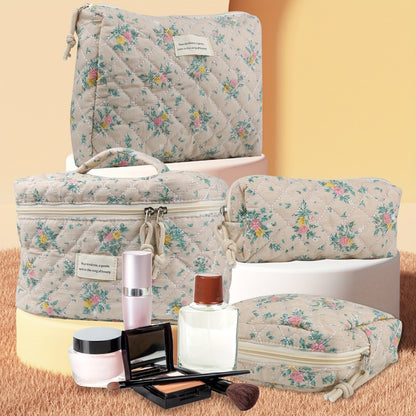 Makeup Bag Set 4-Piece Quilted Floral Rose Design Cosmetic Organizer Bag Coquette Aesthetic Cotton Travel Toiletry Pouch for Women Girls Vanity Bathroom