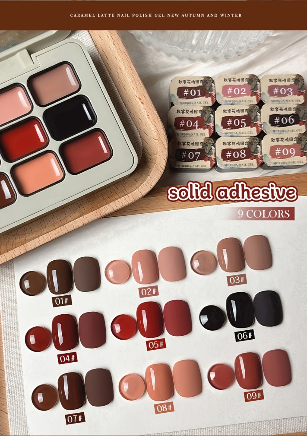 Gel Nail Polish Set 9 Colors Autumn Harvest High Saturation Long-Lasting Soak Off LED Alcohol-Free Solid Gel Polish Kit for Salon & Home Manicure with Light Therapy Pen