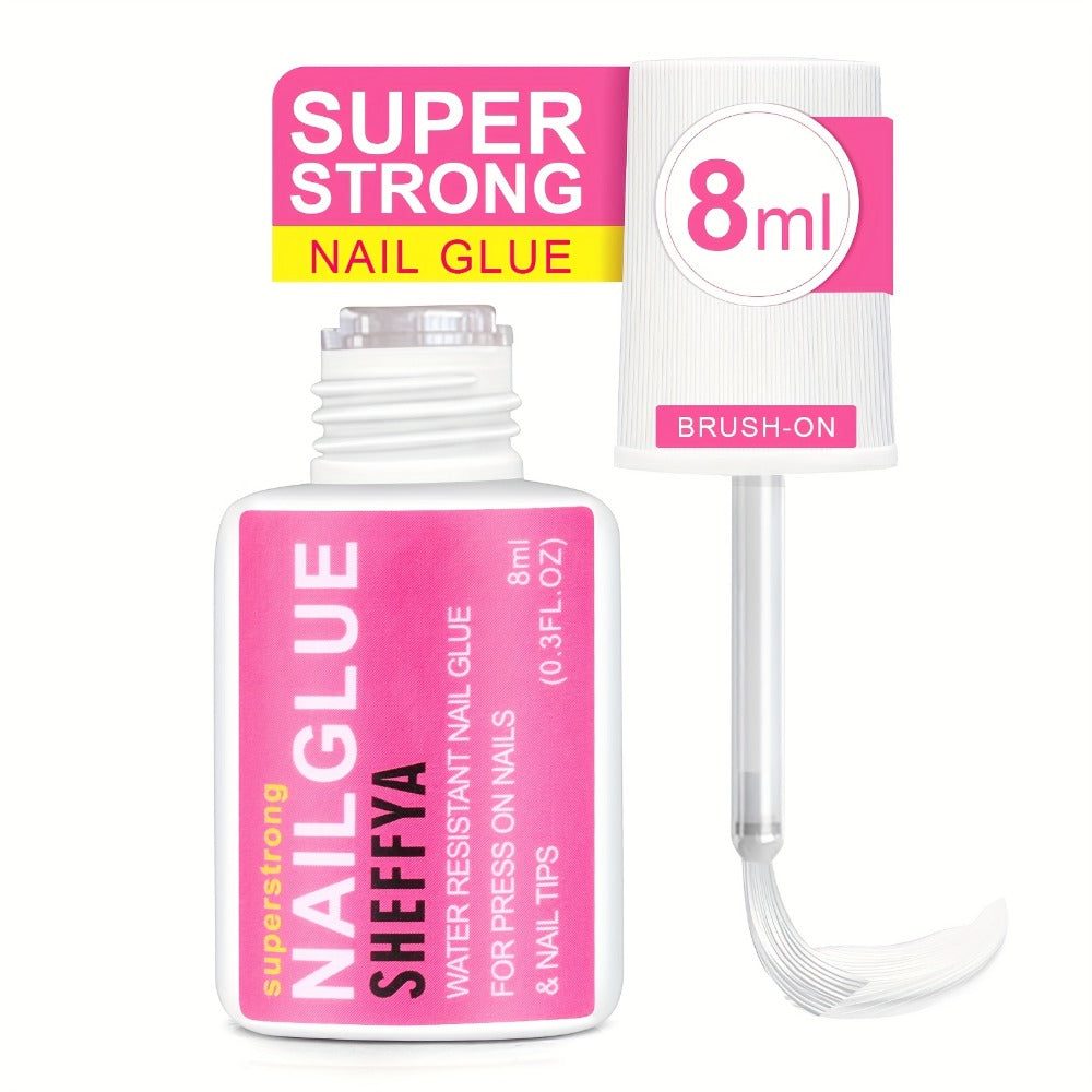 SHEFFYASuper Strong Nail Glue for Press On Nails, Nail Tips & Acrylic Nails (0.27oz) Brush On Glue for Press Ons, Tips & Acrylics - Long Lasting, Maximum Strength, Mess-Free Application