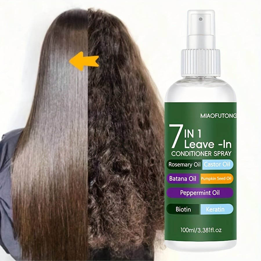 7-In-1 Leave-In Conditioning Spray, 3.38 Oz, Smooth, Salon-Quality Heat Protection Formula with Argan Oil, Rosemary Oil, Batana Oil, Biotin, Keratin, And Collagen, Non-Greasy, Frizz-Controlling Highlights, Suitable for All Hair Types