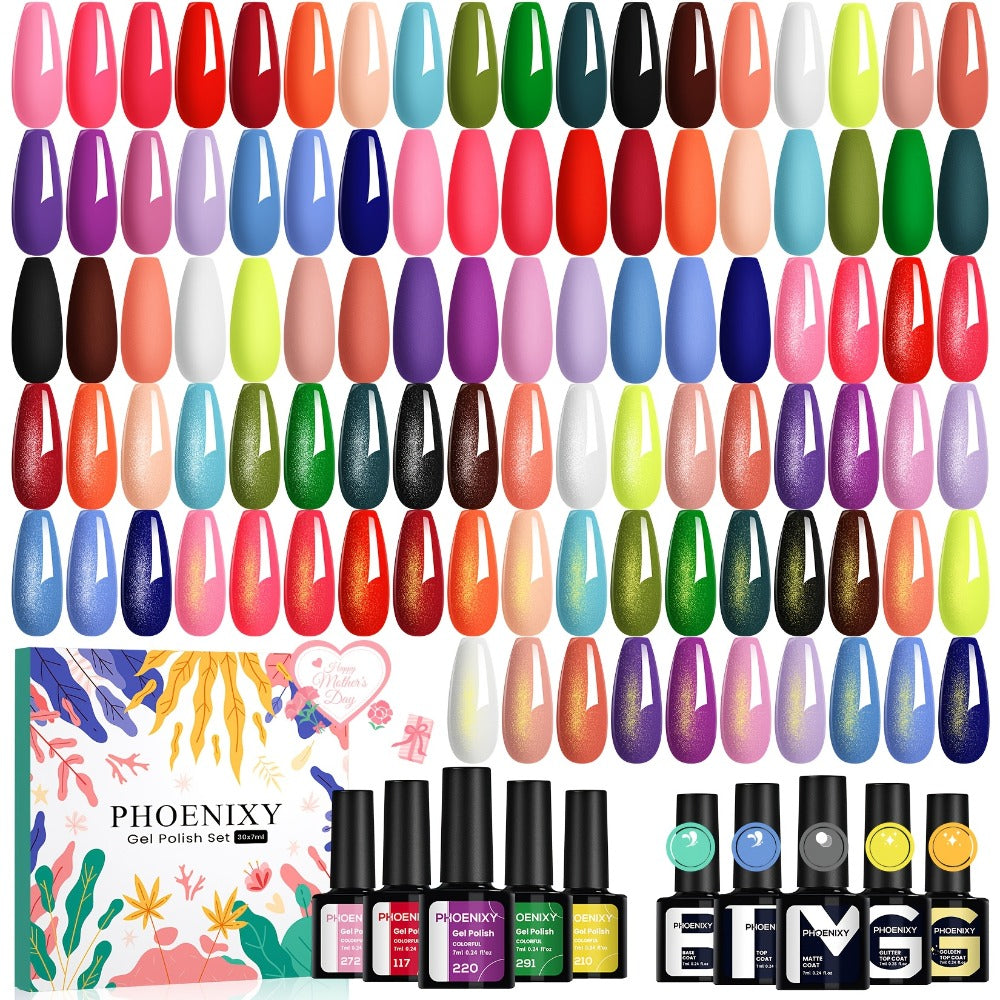 PHOENIXY 30pcs Pure Gel Set, Including Base Gel, Glossy Top Coat, Matte Top Coat, and Golden Glitter Top Coat