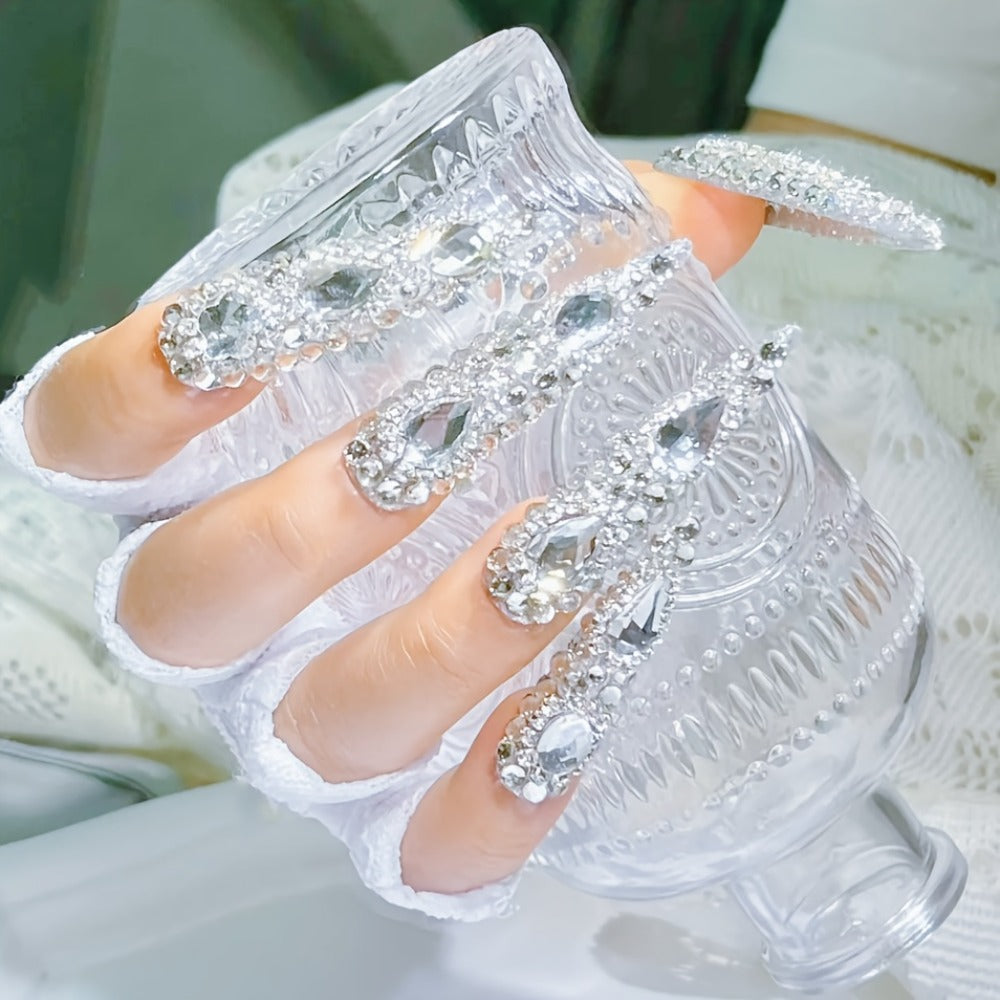 10pcs Handmade Press on Nails Kit Rhinestone Decor Luxury Extra Long Pointed Almond Nails Box Included Free Nail Tool Stickers Nail Charm DIY Salon Nail Art Party Christmas Silvery Acrylic Nail Y2K Nail Supplies Fake Nail Tip Poly Gel Nail Extension