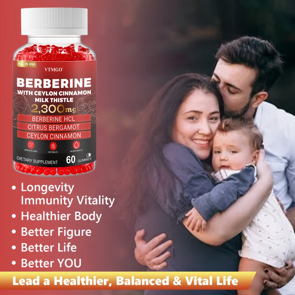 2300Mg Premium Berberine HCL Supplement - with Pure True Ceylon Cinnamon, Milk Thistle, Turmeric for Natural Health And Wellness. Nature'S Gift of Health And Happiness, Berry Flavor, Suitable for Both Men And Women. 60 GUMMIES