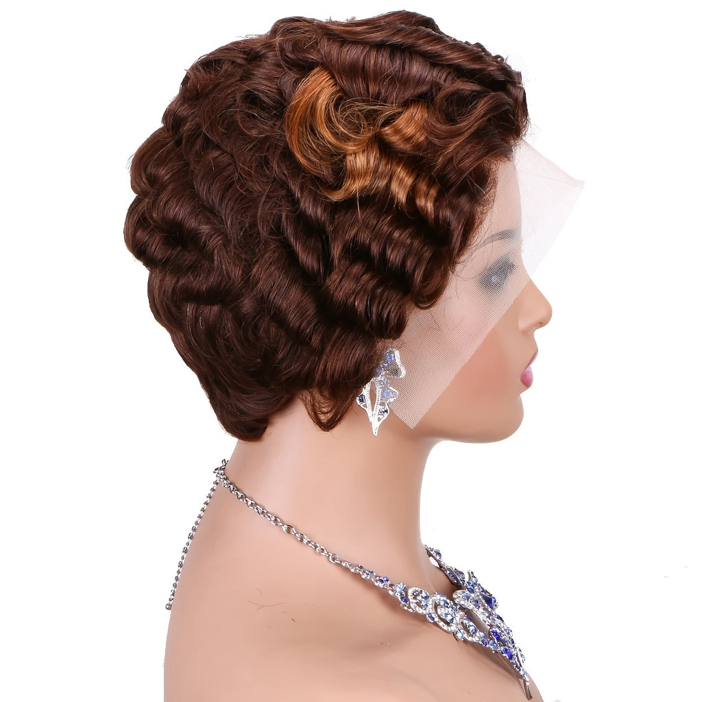 [Lace Front Pixie Wig] Curly Wavy 13x4 Lace Front Pixie Cut Wigs Real Human Hair Body Wave Short Wig, 13x4 HD Lace Frontal Wig Pre Plucked Elegant Loose Deep Curly Wave Pixie Cut Finger Wavy Mommy Wigs