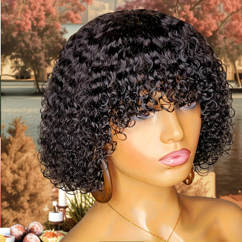 TIMOPOL Brazilian Human Hair Short Wavy Elf Wig - 10-inch Lace-Free Fully Machine-Made Rose Mesh Cap, 150% Density Unisex Wig, Suitable for All Ethnicities, Short Hair Wig