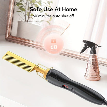 Hot Comb Hair Straightener 2-in-1 Ceramic Heated Brush - Anti-Burn Pressing Comb Curling Iron Portable for Home Travel Beard Styling Gold
