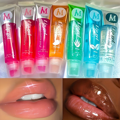 Moisturizing Lip Gloss Set 12pcs Clear Lip Plumping Oil with Plant Squalene VE Rosehip Argan Mint Aloe Coconut Flavors Hydrating Transparent Lip Gloss Gift Set