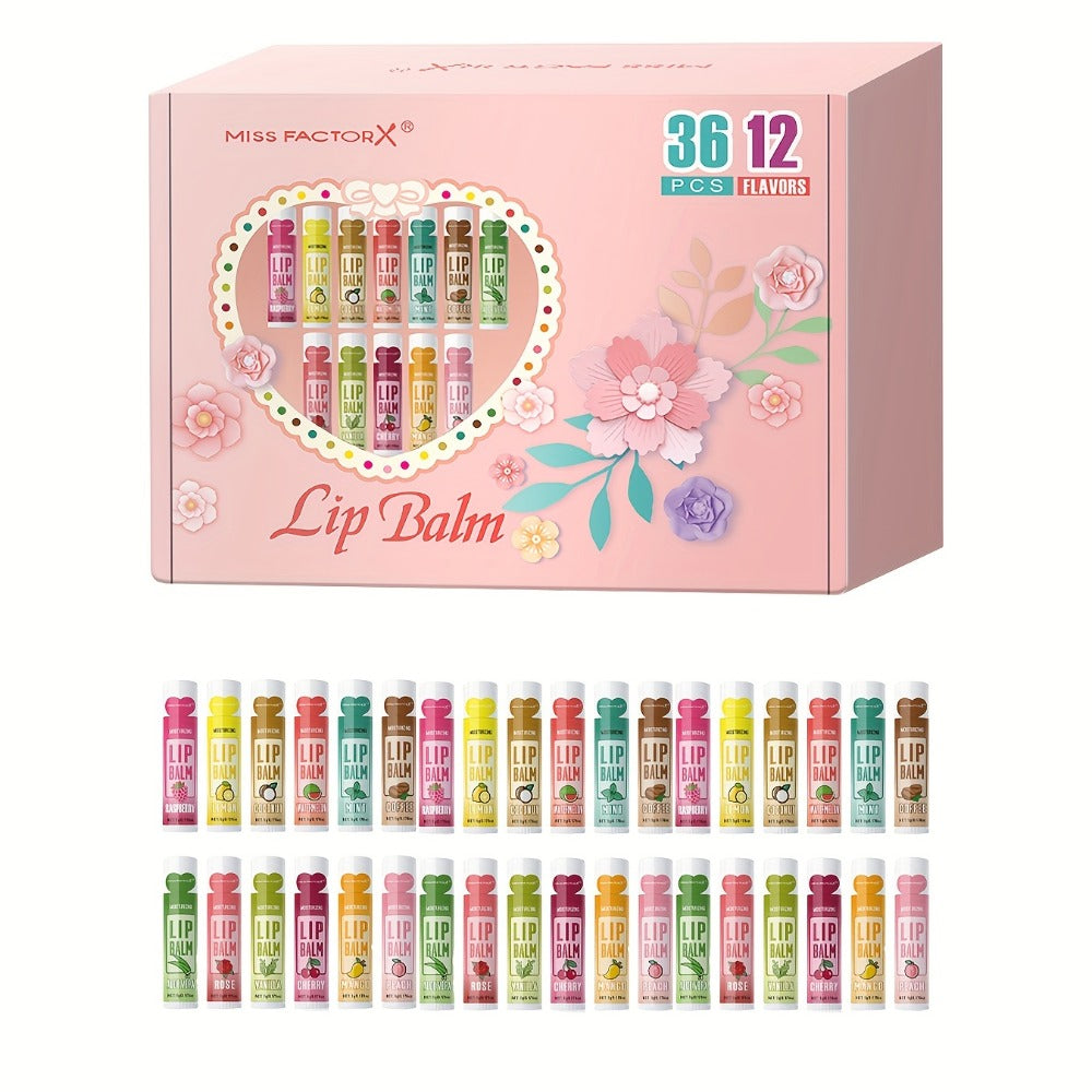 Lip Balm Set 36 Pcs Moisturizing Tinted Lip Butter with Jojoba Oil 12 Flavors Natural Hydrating Lip Care for Dry Lips Adults Gift Box