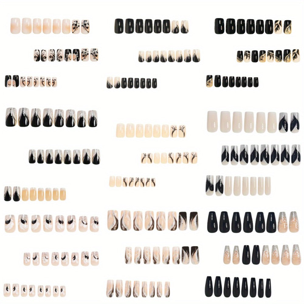 216pcs Elegant Press-On Nail Set in Black & White with Glitter Accents - Includes 3D Butterfly, Floral, And Fox Tail Designs, Medium Square Acrylic Nails for Women & - Comes with Jelly Glue & File, Fashion Nail Art|Elegant Nail Designs|Intricat