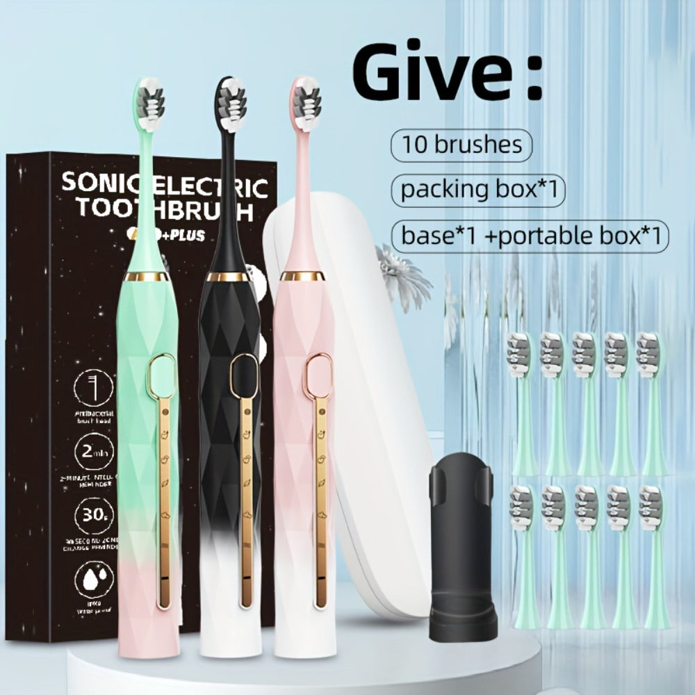Sonic Electric Toothbrush That Is with an IPX8 Rating, Includes 8 Replacement Brush Heads, a Travel Case, And USB Charging. It Features a Metal Shaft Suitable for Both Adult Males And Females, Comes with a Toothbrush Holder
