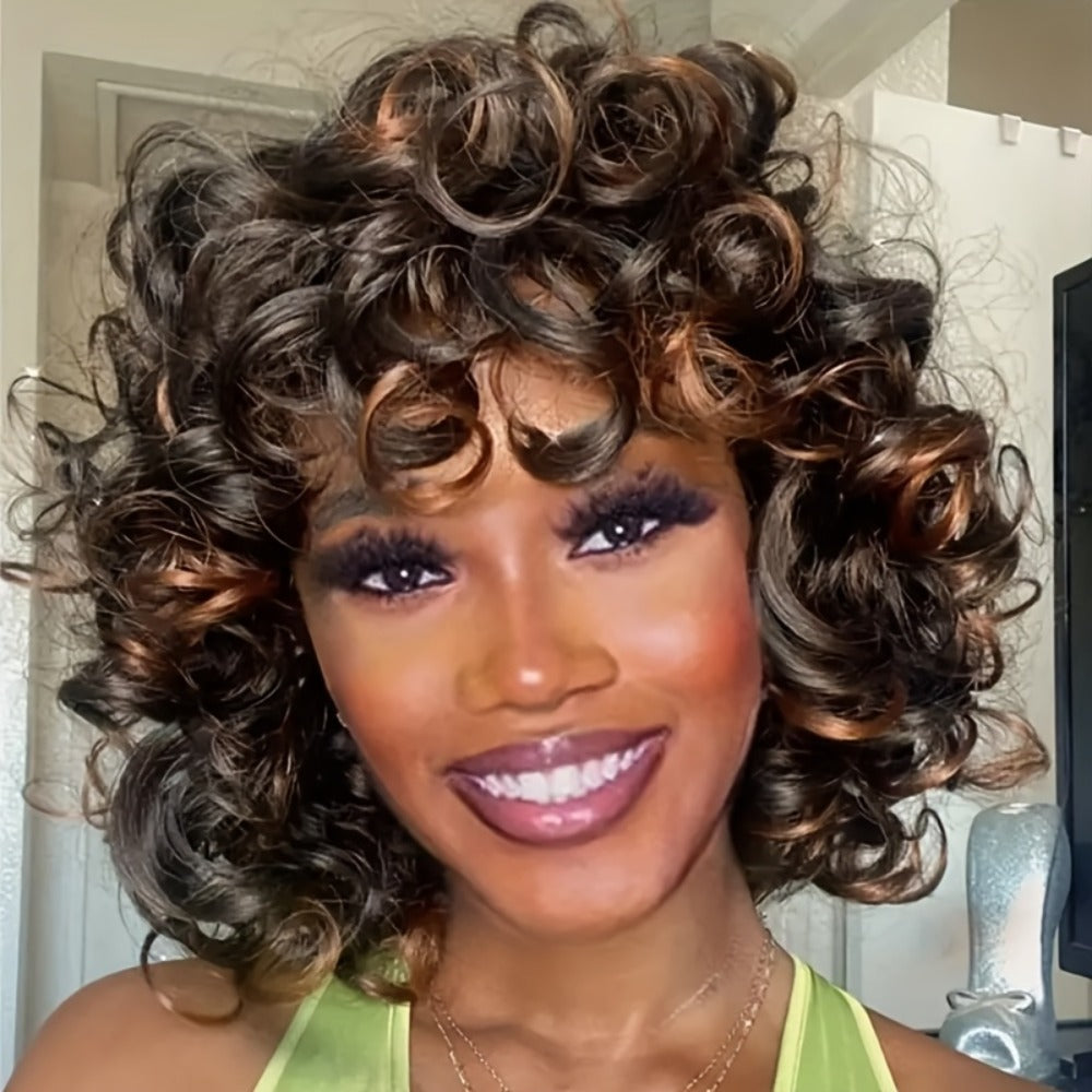 Kinky Curly Afro Wig with Bangs 14 Inch Synthetic Hair Wig for Black Women Ombre 2 Tone Black Brown Golden Natural Volume Daily Wear Hair Replacement Wig