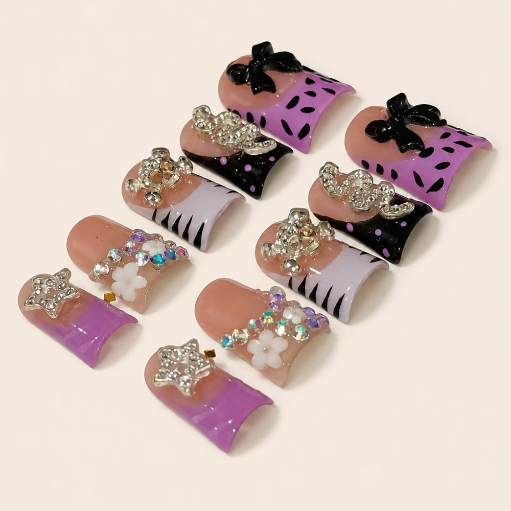 10pcs, Spring And Winter Nails Colors 2026, Handmade Short Duckbill Acrylic Nails With Black Leopard Print, Zebra Print, Bowknot, Snake, Skull And Rhinestone, Suitable For Women And, Party/daily Wear, Including Tools