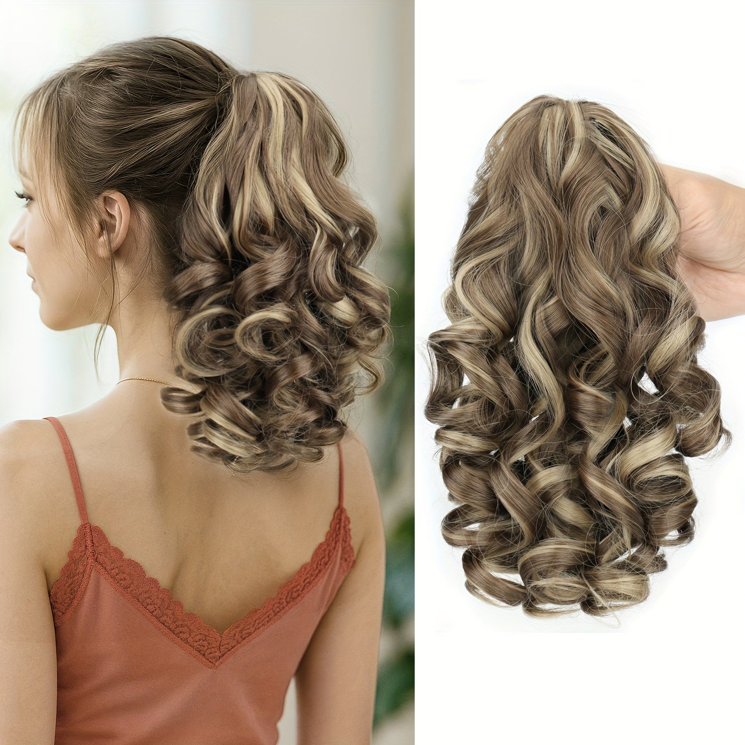MERISIHAIR Women'S Clip-In Curly Wave Ponytail Wig with Dark Brown Synthetic Hair - Looking Hair Extension for Short Hair, Clip-On Ponytail for Daily Use, Parties, Weddings & Special Events (No Glue/) - Multi-Color