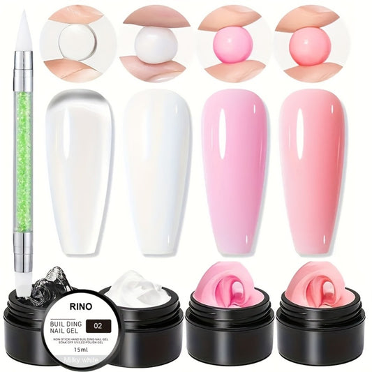 RINO 5pcs/Set Solid Gel Builder for Nails Starter Kit Clear Nude Nail Extension 3D Gel Nail Art Nail Glue for Acrylic Nails Rhinestone Gel Sculpture Molding Gel Hard Gel with Flower Molds Sculpting Brush