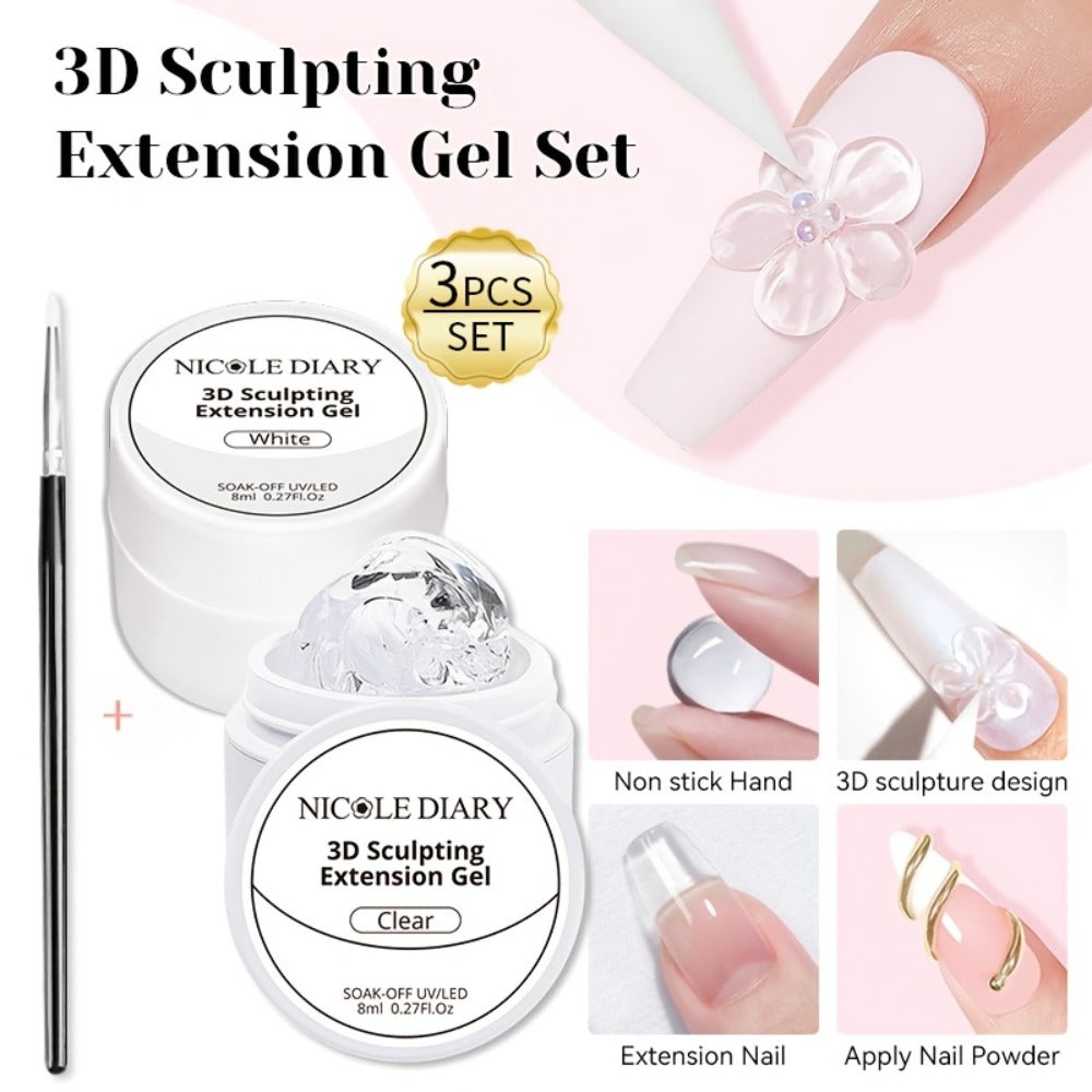 NICOLE DIARY 2pcs/3pcs 3D Carving Nail Gel Polish with Carving Pen White Clear 3D Sculpting Flower Gel Extension Gel Nail Nail Art Carving Gel Modeling Gel Nail Polish Manicure Nail Salon Home Use