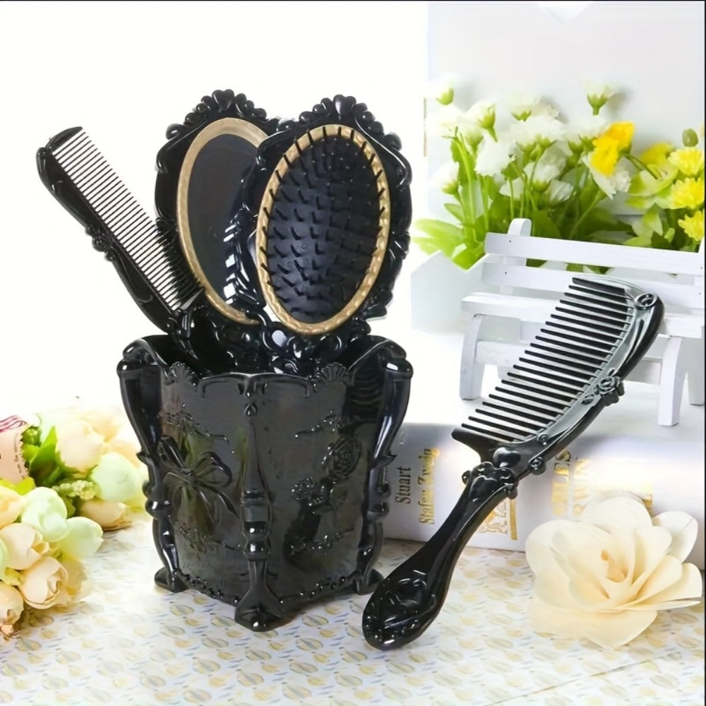 Black Mirror Comb Set, Scalp Massage Hairbrush with Mirror, Retro Hair Comb, Makeup Hair Comb