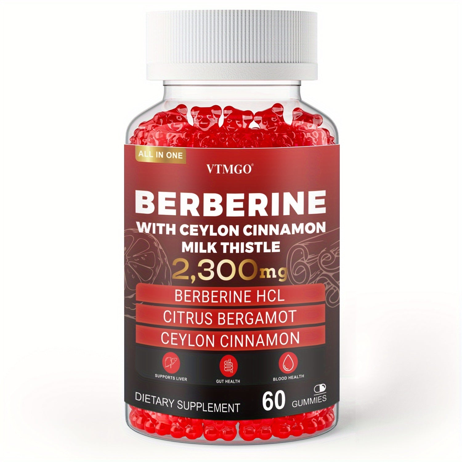 2300Mg Premium Berberine HCL Supplement - with Pure True Ceylon Cinnamon, Milk Thistle, Turmeric for Natural Health And Wellness. Nature'S Gift of Health And Happiness, Berry Flavor, Suitable for Both Men And Women. 60 GUMMIES