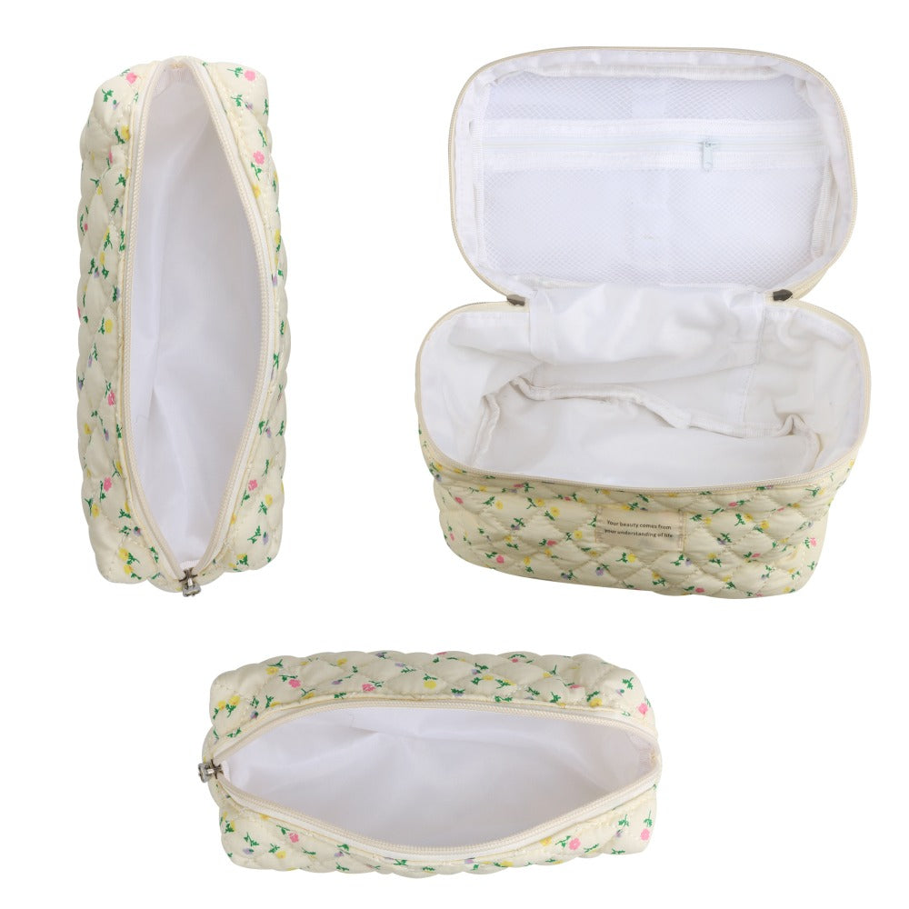 Large Capacity Dual Layer Cotton Makeup Cosmetic Bag (3PCS), Cute Quilted Travel Coquette Aesthetic Floral Make up Bag for Women Toiletry Bag (Blue Rose)