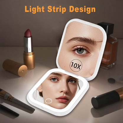 LED Compact Travel Makeup Mirror with Light 10X 1X Magnification, Rechargeable Pocket Mirror 3 Color Modes Adjustable Brightness, 2-Sided Folding Purse Mirror Gift for Women Mom