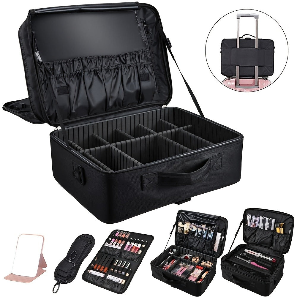 Makeup Case, Professional Train Case Large Makeup Bag, Travel Cosmetic Organizer Brush Holder Makeup Artist Storage Box, for Cosmetics Makeup Brushes Toiletry Jewelry Digital Accessories, 15.8 Inches, with Adjustable Dividers and Shoulder Strap