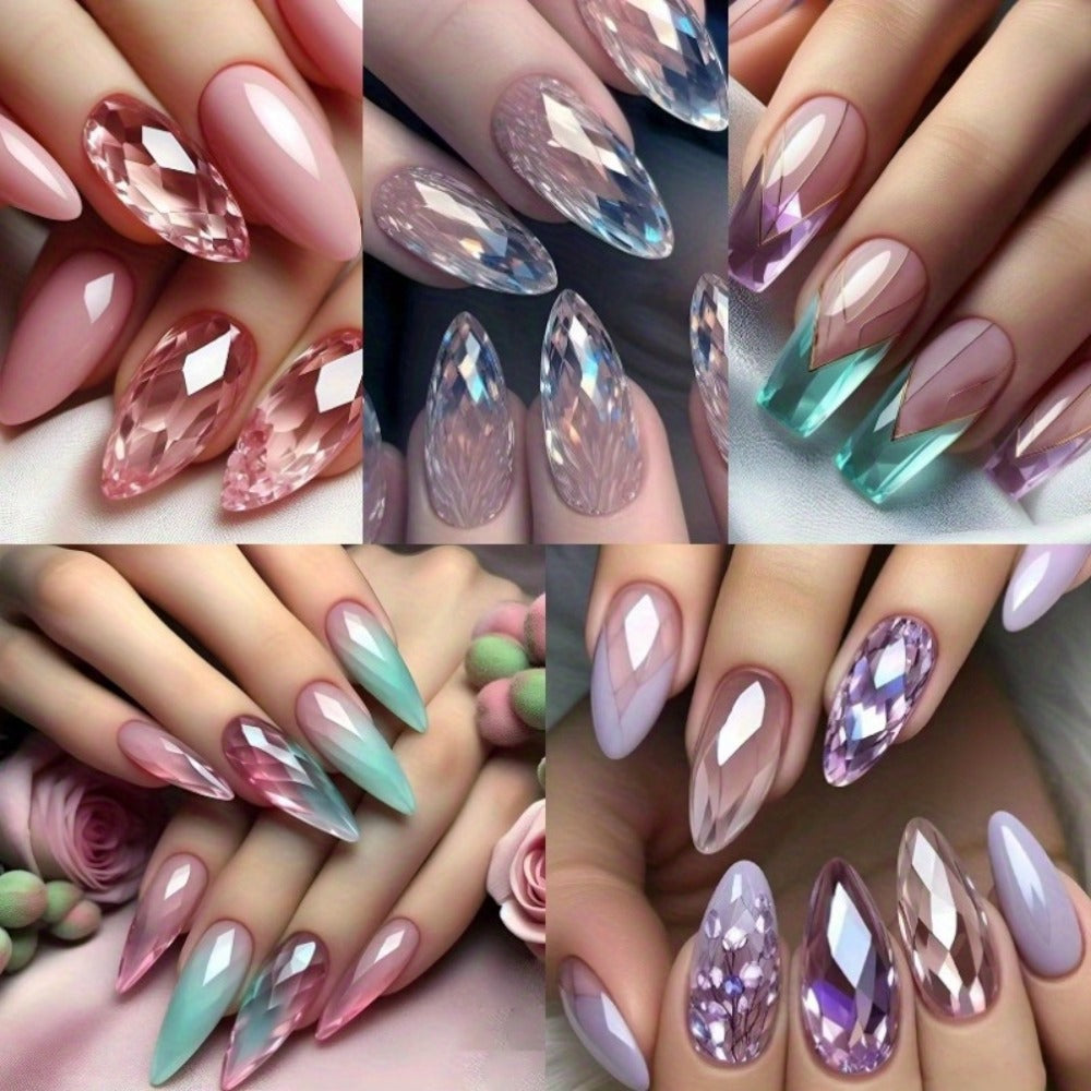 120 pieces of mixed color almond shaped nail tip, medium length design, gradient gloss - includes jelly glue and nail file
