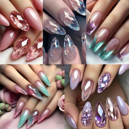 Press On Nails 120 Pieces 5 Packs - Medium Almond Fake Nails Gradient Holographic | Mixed Color Orange Tones Full Cover False Nails Kit with Jelly Glue & Nail File for Women Girls