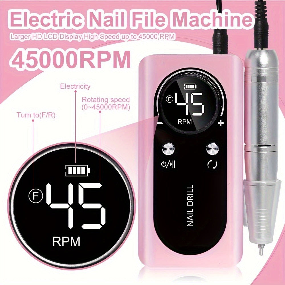 45000RPM Adjustable Speed Low-noise Nail Drill Cordless Display Power Portable Nail File Nail Grinder Suitable for Home Nail Salon Gel Nail Polishing for Nail Salon And Home