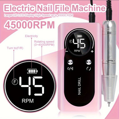 Cordless Nail Drill 45000RPM Adjustable Speed Low Noise with Power Display Portable Nail File Grinder for Gel Acrylic Nails Manicure Pedicure Home Salon Use Pink White Purple