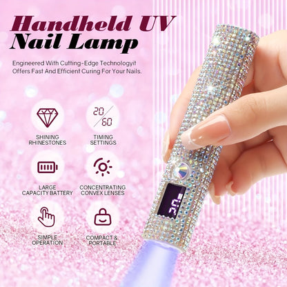 Mini LED Nail Lamp UV Gel Curing Light USB Rechargeable Single Finger Nail Dryer 365nm 405nm Dual Wavelength Rhinestone Design 40-Min Runtime Digital Display Portable Travel DIY Manicure