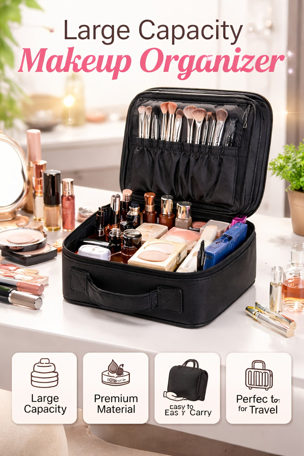 Women' Large Capacity Makeup Bag Compatible for - Brandable Cosmetic Organizer | Durable Travel Toiletry Case with Sturdy Handle, Soft Portable Beauty Storage Pouch | - Fabric for Skincare, Brushes, Lipstick ()