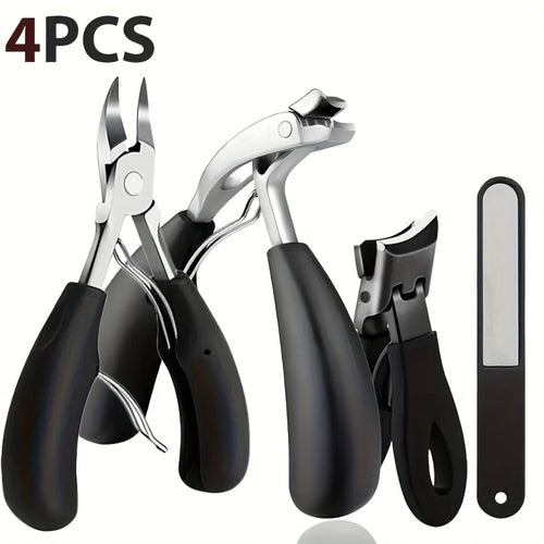 Heavy Duty Toenail Clipper Kit 4 Piece Stainless Steel | Convex Blade Ingrown Toenail Cutter with Nail File Ergonomic Non-Slip Handle | Thick Overgrown Nail Care Set for Men Women Seniors Diabetic Foot Care