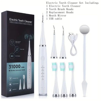 Electric Teeth Cleaner Kit USB Rechargeable 5 Cleaning Modes Dental Scaler Plaque Tartar Remover Gum Health Tool Holiday Gift Set for Family Friends Adults Black White Green
