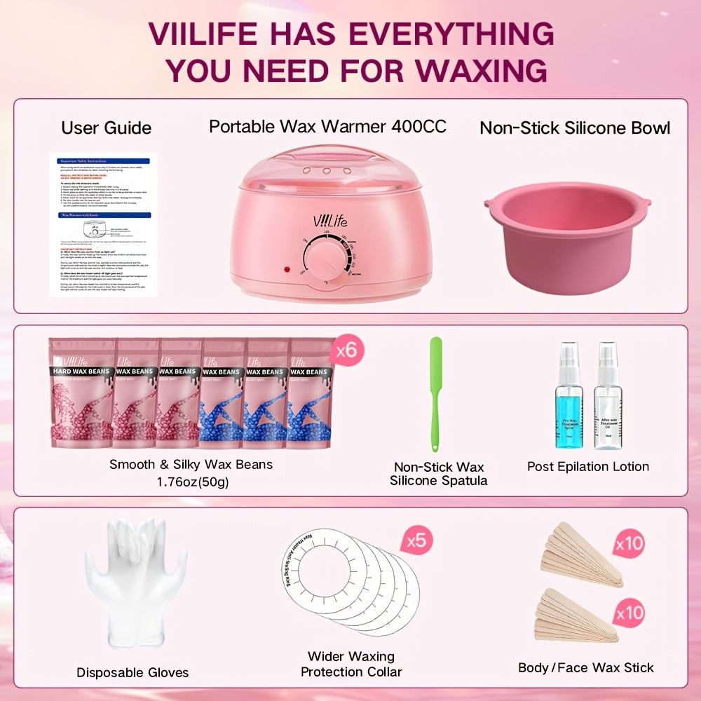 Wax Warmer Kit with 43 Accessories — Pink Wax Beads Hair Removal Set for Women & Men, Wax Pot for Face, Eyebrow, Body, Brazilian & Bikini | Home Salon Waxing Machine