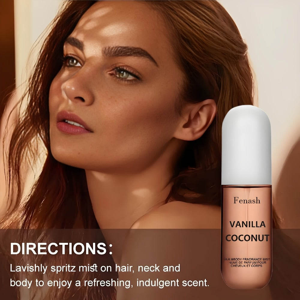 Vanilla Coconut Body Spray & Hair Mist — Long-Lasting Gourmand Floral Fragrance with Vitamin E & Moroccan Argan Oil, Skin-Safe for All Types