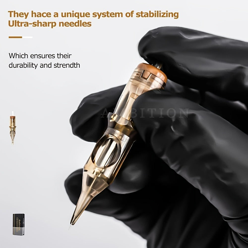 Tattoo Cartridge Needles 20pcs by Ambition – RL RS RM Sizes for Tattoo PMU & SMP | Disposable Sterilized Cartridges with Safety Membrane for Tattoo Machines